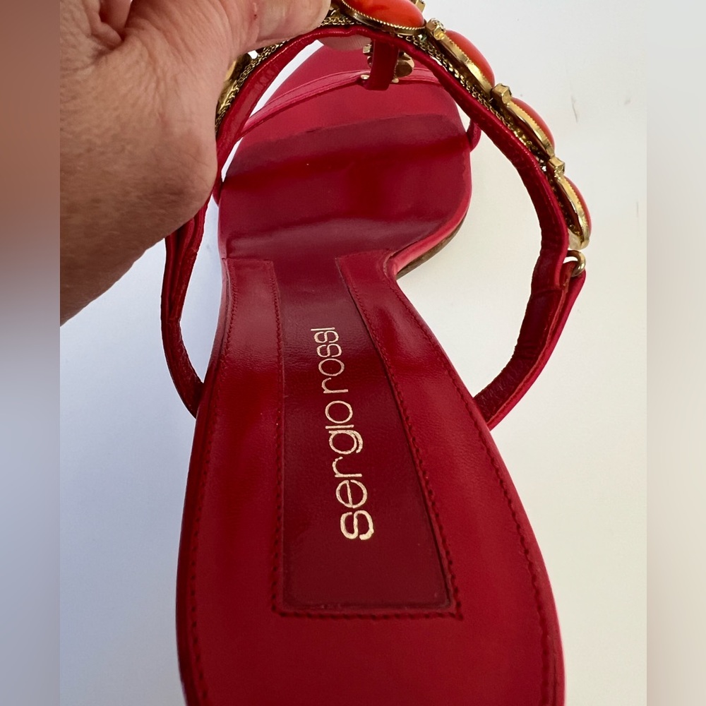 Sergio Rossi Red Crystal and Orange Stone Embellished Sandals, Size 39 - Picture 9 of 16